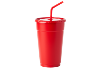 Isolated Transparent Background Of Red Plastic Cup With Red Straw Drink