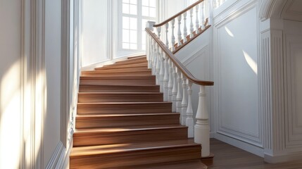 Fototapeta premium Elegant interior staircase with wooden steps, white walls, and natural light illuminating the space, creating a serene and inviting atmosphere perfect for home decor ideas.