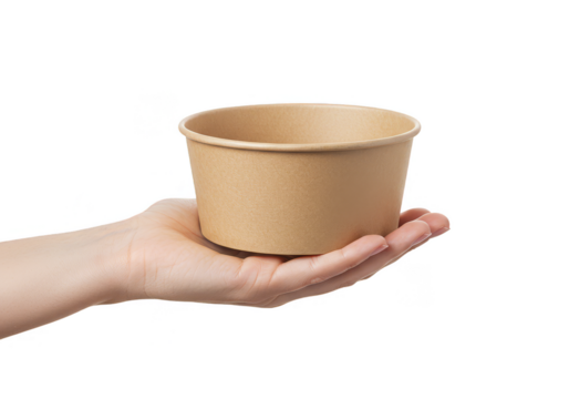 Isolated Transparent Cardboard Bowl Holding On Hand For Food Packaging
