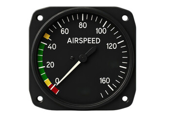 Airspeed indicator gauge for aviation and flight monitoring on a transparent background