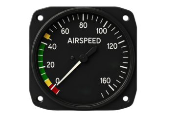 Airspeed indicator gauge for aviation and flight monitoring on a transparent background