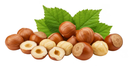Isolated Transparent Pile Of Raw Hazelnuts With Green Leaf Group