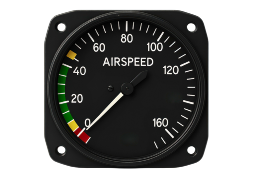 Airspeed indicator gauge for aviation and flight monitoring on a transparent background