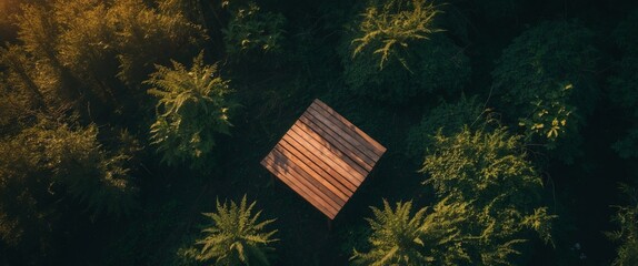 Aerial View of Wooden Deck Surrounded by Lush Greenery, Providing a Peaceful Escape.