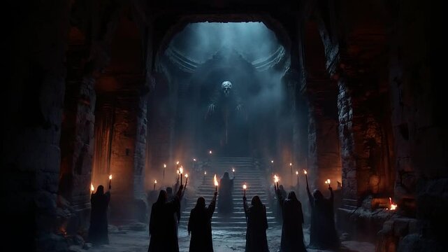 Dark cult in ancient temple. Spooky visions of hell video. VJ and music clips.