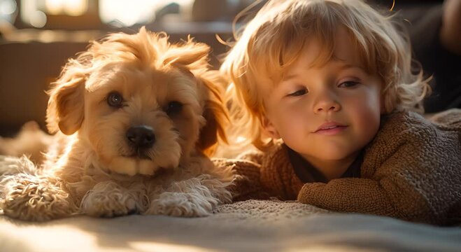 A toddler and their fluffy Cavapoo puppy cuddle together in soft sunlight.