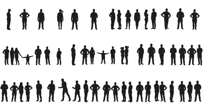 Elegant black silhouettes of varied figures depict a dynamic array of people, offering a versatile graphic resource for architectural plans or design mockups.