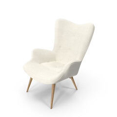 White Upholstered Armchair with Wooden Legs isolated on transparent background