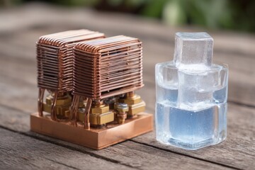 Fototapeta premium DIY Cooling Devices and Hacks. Close-up of copper coil cooling system next to stacked melting ice cubes on wooden table, symbolizing refrigeration or cooling concept.