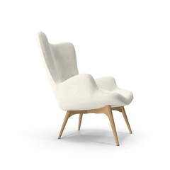 White Upholstered Armchair with Wooden Legs isolated on transparent background