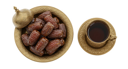 Isolated Transparent PNG of Golden Bowl Full of Dates and Tea Cup