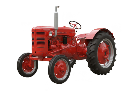Isolated Vintage Red Tractor Vehicle Machine with Transparent Background