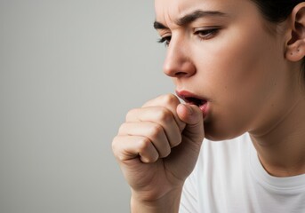 Naklejka premium A woman covers her mouth while coughing, possibly due to illness, in this close-up portrait.