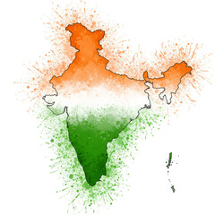 Isolated Watercolor Illustration of Indian Map Flag Tricolor Grunge Splash