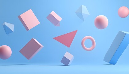Geometric shapes in pastel colors against a light blue background.