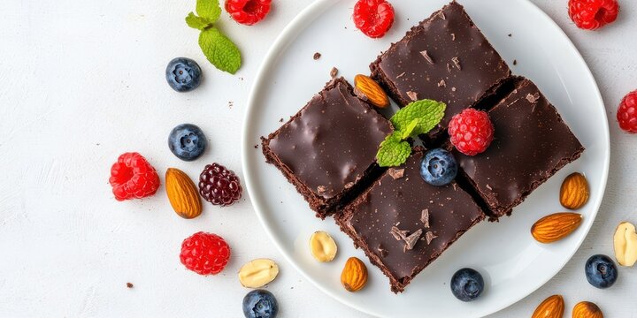 Chocolate brownies topped with berries, nuts, and mint leaves on a white plate, surrounded by assorted fruits and nuts.