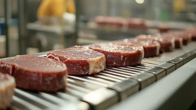 Raw beef steaks arranged on a conveyor belt in a meat processing facility. The steaks are marbled and fresh, ready for packaging.