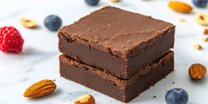 Two chocolate brownies stacked on a white surface, surrounded by almonds, blueberries, raspberries, and hazelnuts. - Powered by Adobe