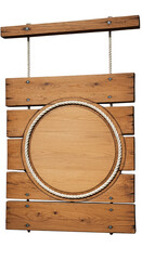 Isolated Wooden Sign With A Rope Frame Hanging From Top Plank
