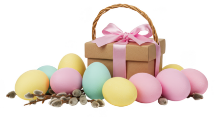 Isolated Transparent Easter Eggs with Gift Basket and Willow Twigs