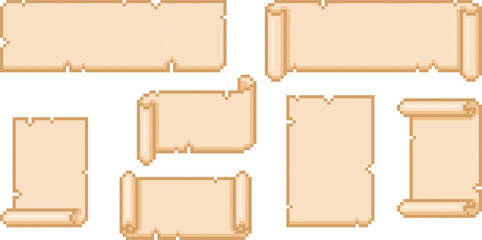 Ancient parchment roll, old paper scroll blank pixel art, convolute antique manuscript or papyrus document vector set