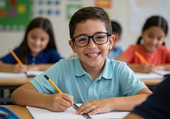 A young boy in class is writing with a pencil in his notebook, smiling brightly.