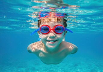 Naklejka premium A young boy enjoys swimming underwater, wearing goggles and smiling brightly