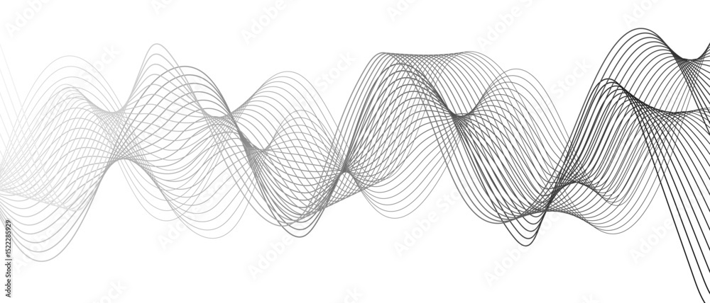 Poster Abstract black and white wave pattern with overlapping, curving lines forming smooth, sense of depth, rhythm, and fluid motion. Aesthetic is minimalist, elegant digital or scientific visualization.