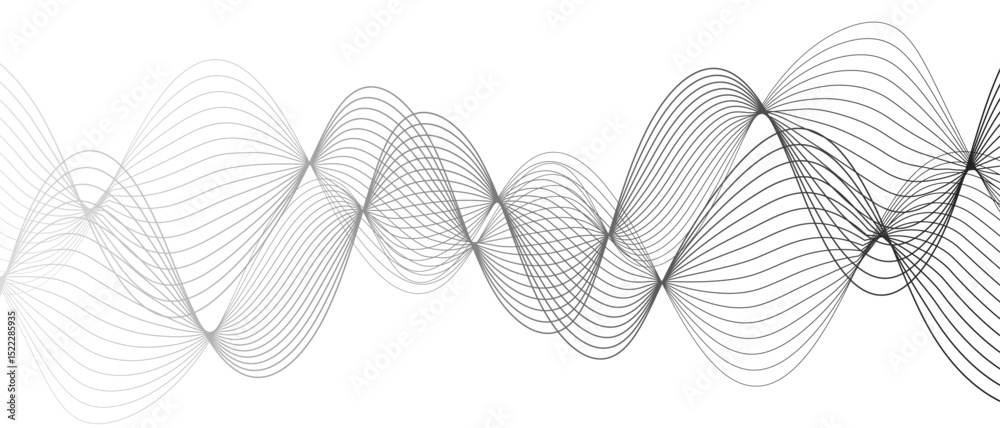 Poster Abstract black and white wave pattern with overlapping, curving lines forming smooth, sense of depth, rhythm, and fluid motion. Aesthetic is minimalist, elegant digital or scientific visualization.