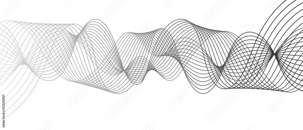 Poster Abstract black and white wave pattern with overlapping, curving lines forming smooth, sense of depth, rhythm, and fluid motion. Aesthetic is minimalist, elegant digital or scientific visualization.