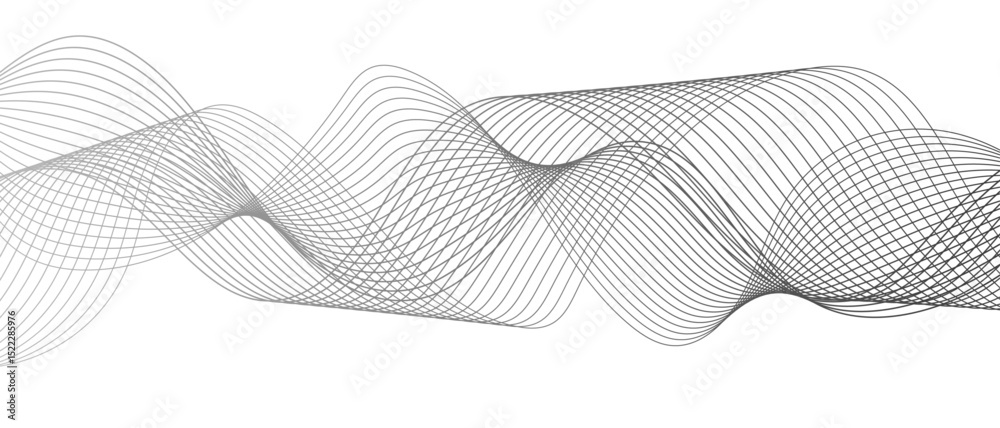 Poster Abstract black and white wave pattern with overlapping, curving lines forming smooth, sense of depth, rhythm, and fluid motion. Aesthetic is minimalist, elegant digital or scientific visualization.