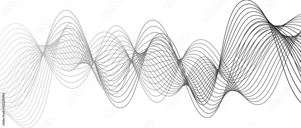 Poster Abstract black and white wave pattern with overlapping, curving lines forming smooth, sense of depth, rhythm, and fluid motion. Aesthetic is minimalist, elegant digital or scientific visualization.