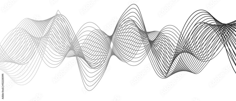 Poster Abstract black and white wave pattern with overlapping, curving lines forming smooth, sense of depth, rhythm, and fluid motion. Aesthetic is minimalist, elegant digital or scientific visualization.
