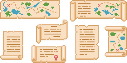 Ancient parchment roll, old paper scroll pixel art Y2K vector set, diploma with seal, map, letter, manuscript document