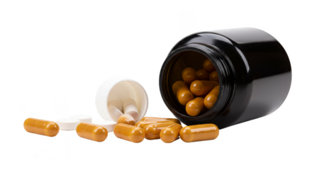 Medicine Capsules in Bottle Pharmaceutical Treatment on Transparent Background