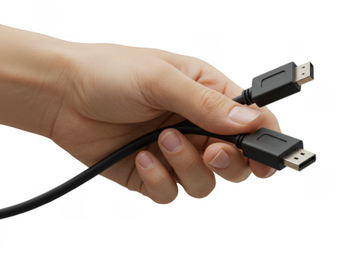 Man Holding a Black HDMI Cable for Data Transfer on Transparent BG