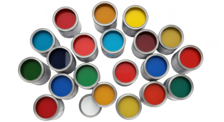 Overhead Assortment of Bright Paint Colors in Cans Tins Transparent Background