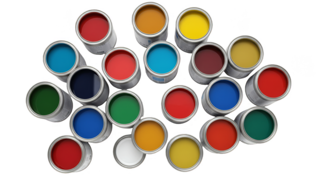 Overhead Assortment of Bright Paint Colors in Cans Tins Transparent Background