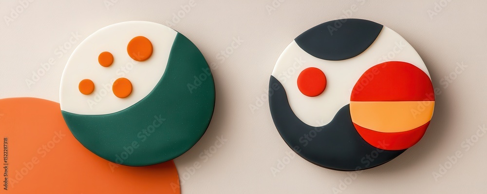 Aufkleber two circular abstract designs with geometric shapes and bold colors on a neutral background.