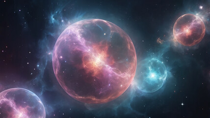 Colorful transparent space bubbles in nebula scene.
Fantasy-style space scene with glowing translucent bubbles and colorful nebula clouds.
