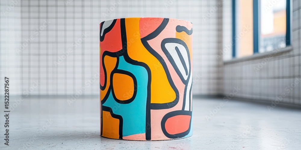Poster a colorful abstract painted cylinder sits on a tiled floor in a modern, bright room with large windo