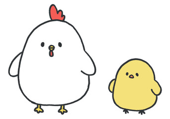 ニワトリとヒヨコのゆるいイラスト