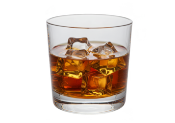Isolated Transparent Whiskey Glass with Ice Cubes Alcohol on Clear