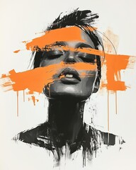 Artistic portrait of a woman with abstract orange brush strokes on a black and white background showcasing emotional depth in a modern style