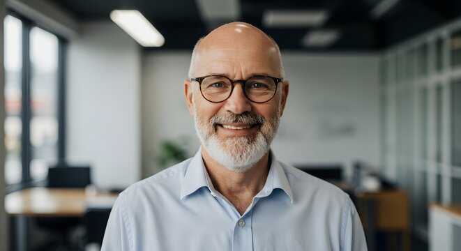 A portrait of a distinguished gentleman exudes warmth and approachability, wearing glasses and a confident gaze. Set within a modern office.