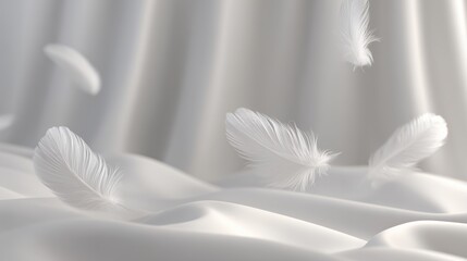 Fototapeta premium white feathers falling down, delicate feathers placed on a soft white fabric background, minimal composition, peaceful 