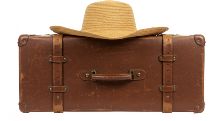 Isolated Vintage Suitcase with Straw Hat on Transparent Background