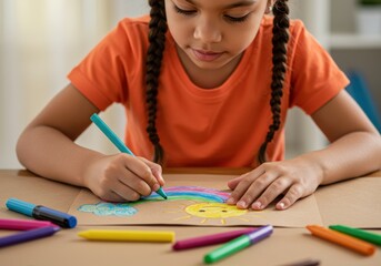 A young girl enjoys creating a vibrant rainbow artwork with colorful markers.