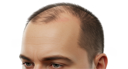Realistic 3D Render of Man Head with Sparse Hair on Transparent Background