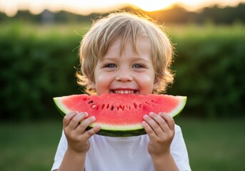 A happy boy smiles widely while eating a juicy slice of watermelon.